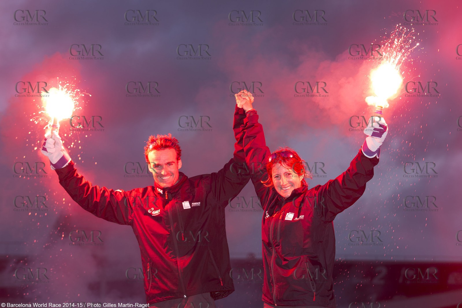 01 04 2015, Barcelona (ESP), Barcelona World Race 2014-15, Gerard Marin and Anna Corbella (GAES Centros Auditivos) arrival in 3rd position.