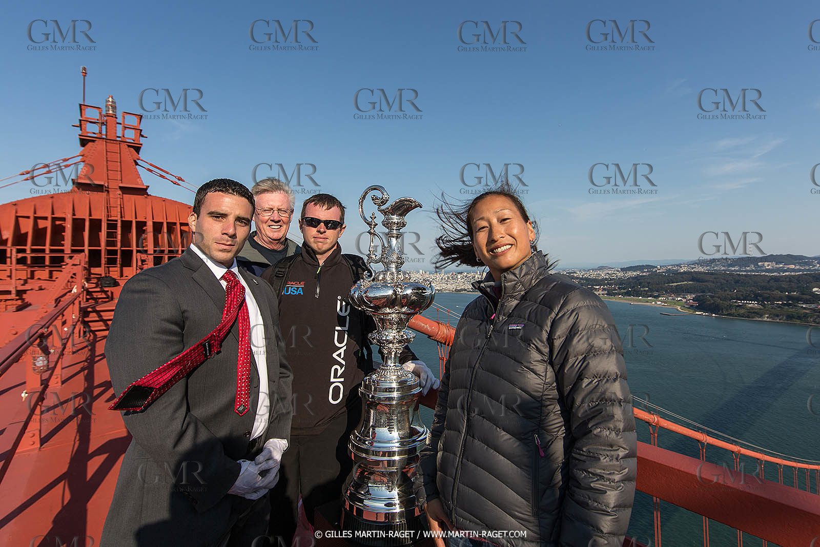 03 07 2013 - San Francisco (USA, CA) - 34th America's Cup - The America's Cup Trophy at the top of Golden Gate Bridge