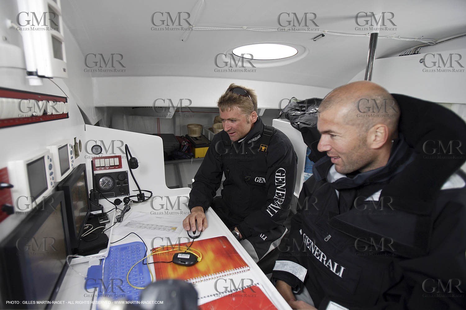 11 05 2007 - La Trinité sur Mer (France) - Yann Eliès Generali 60 open project for Vendée Globe - soccer champion Zinedine Zidane onboard
