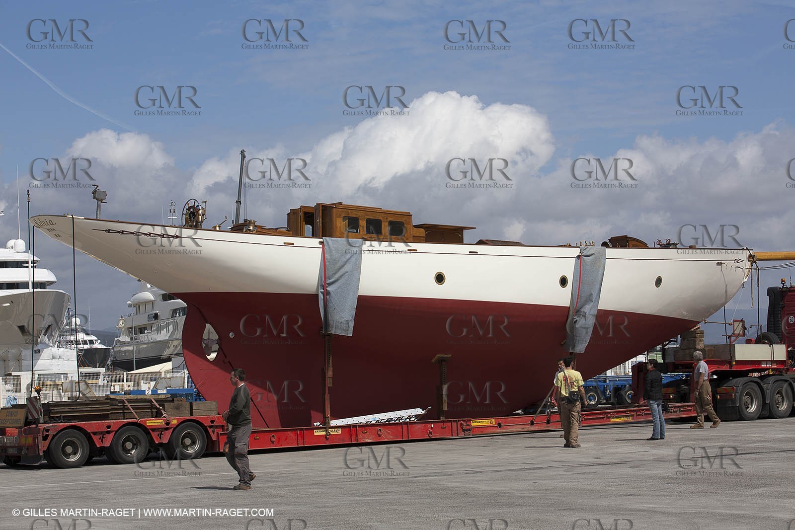 09 04 2013 - La Ciotat (FRA,13) - Charpentiers Réunis Méditerrannée boatyard - launch of Marconi ketch Adria after a 9 months refit