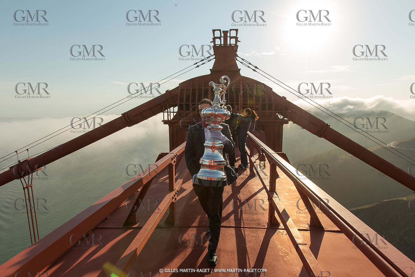 03 07 2013 - San Francisco (USA, CA) - 34th America's Cup - The America's Cup Trophy at the top of Golden Gate Bridge