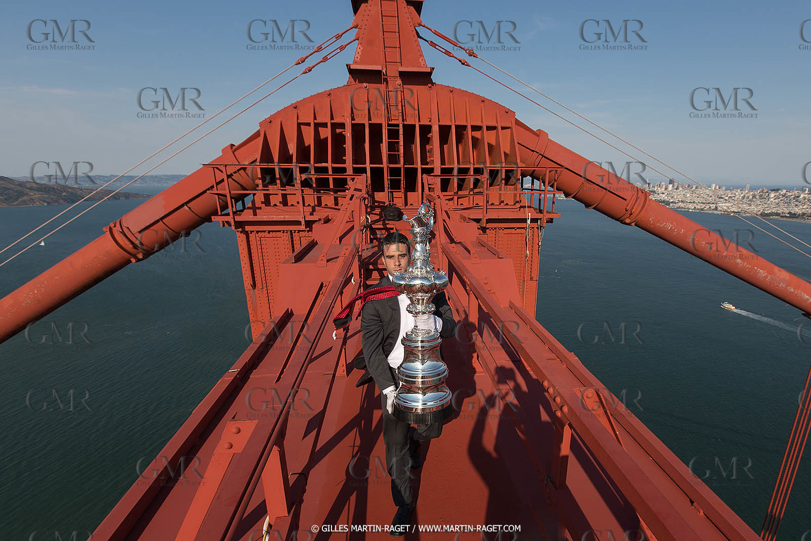 03 07 2013 - San Francisco (USA, CA) - 34th America's Cup - The America's Cup Trophy at the top of Golden Gate Bridge