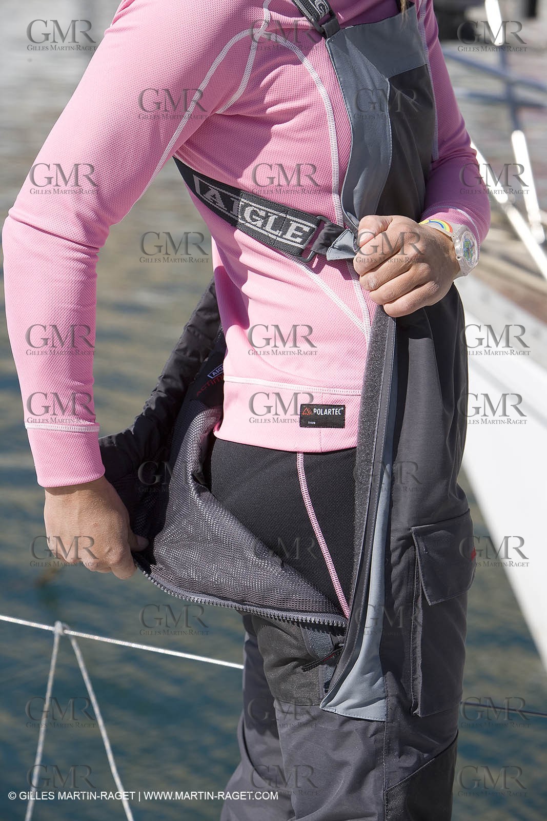 28 09 2007 - Marseille (FRA, 13) - Aigle Marine weather clothing showed in action by salors Marc Emig et Luce Molinier