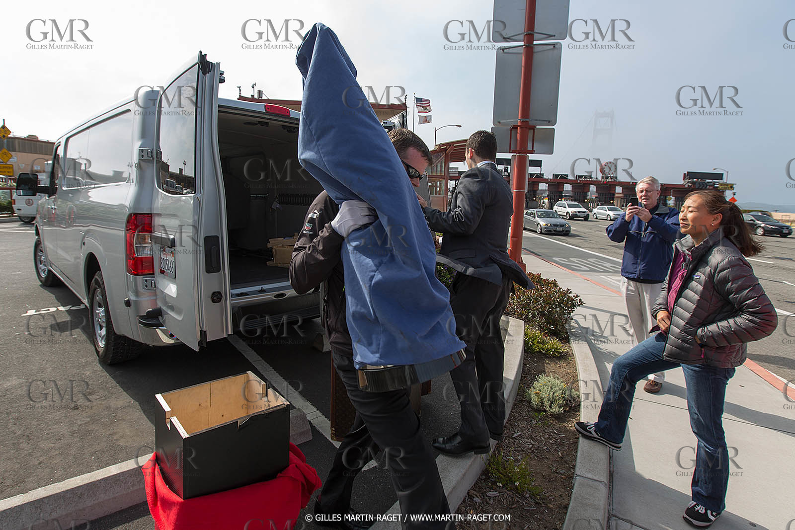 03 07 2013 - San Francisco (USA, CA) - 34th America's Cup - The America's Cup Trophy at the top of Golden Gate Bridge