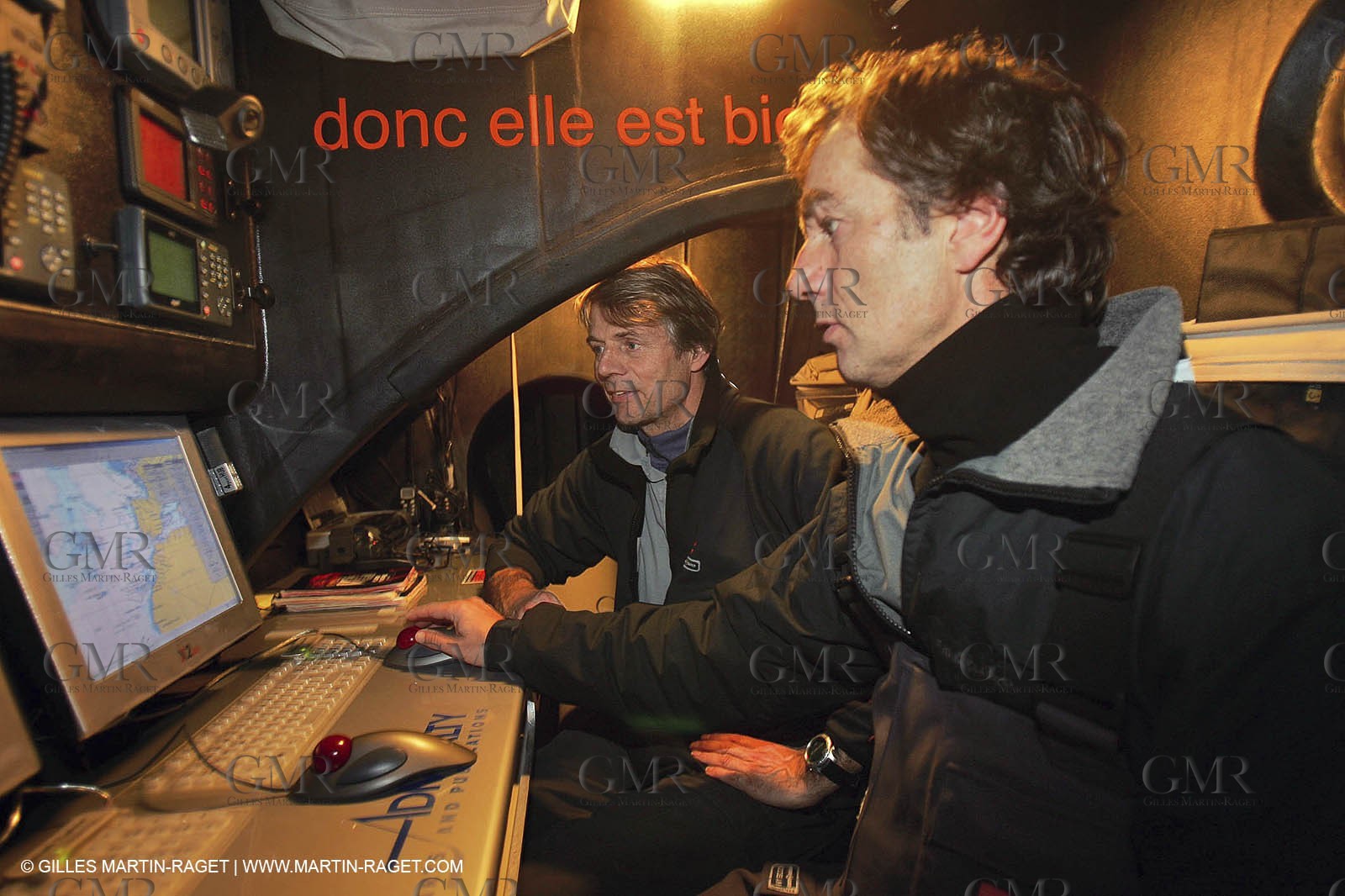 Orange II - Jules Verne Trophy - Training off Lorient - Bruno Peyron + Roger Nilson