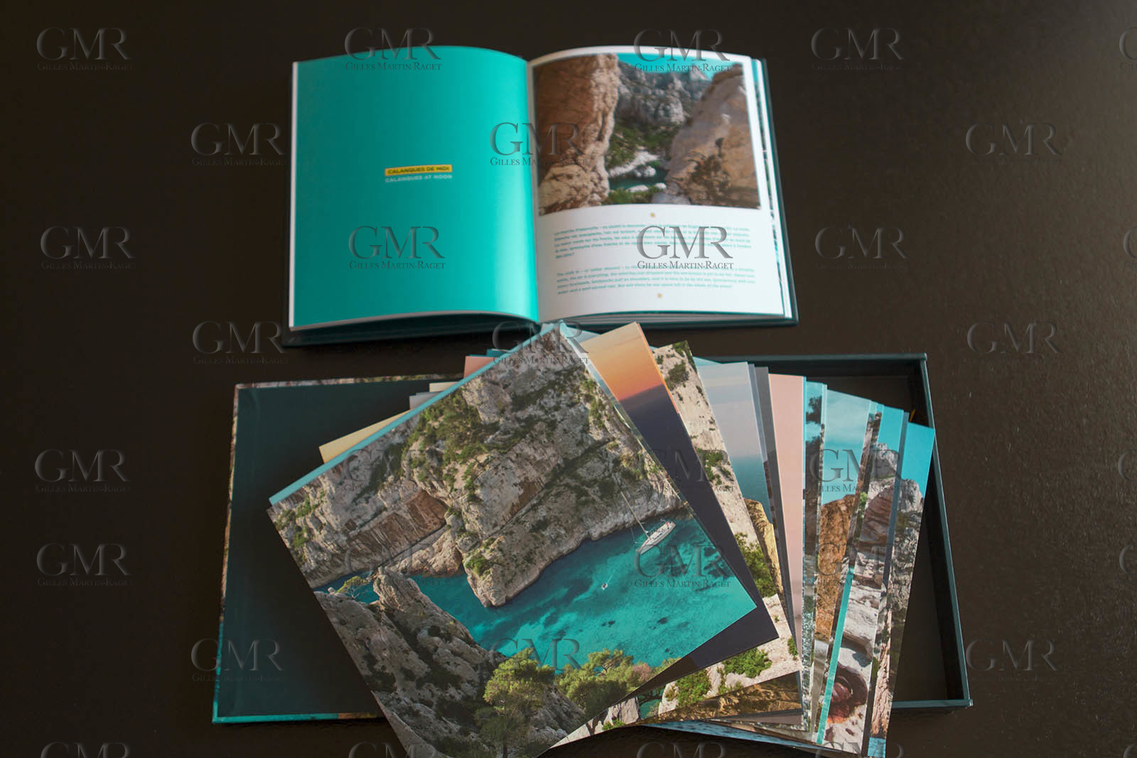 Box set Colours of the Calanques, words and photos by Gilles Martin-Raget, Editions Glénat, October 2015, 20 x 20 cm, includes a 30 pages bilingual bokklet and 20 separate prints on 300 gr paper, 19,2 x 19, 2 cm.