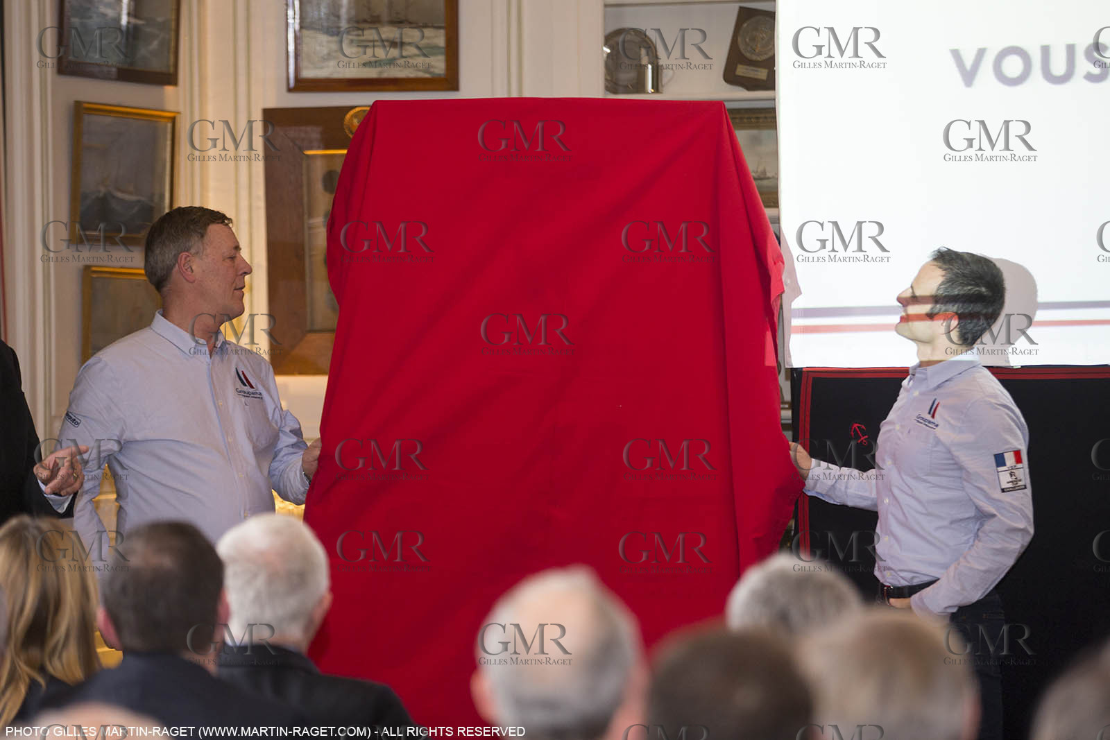 22 02 2016, Paris (FRA), 35th America's Cup, Groupama Team France announces Norauto as official partner at Yacht Club de France, Thibault Derville (Norauto) et Franck Cammas