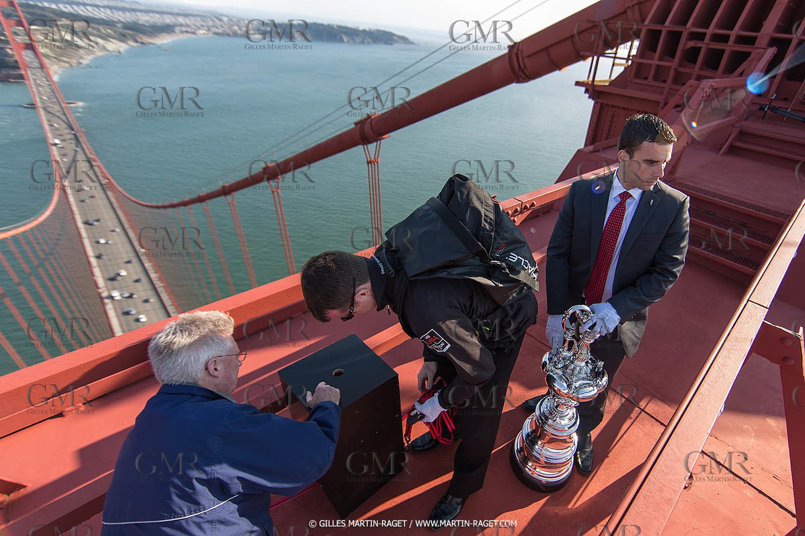 03 07 2013 - San Francisco (USA, CA) - 34th America's Cup - The America's Cup Trophy at the top of Golden Gate Bridge