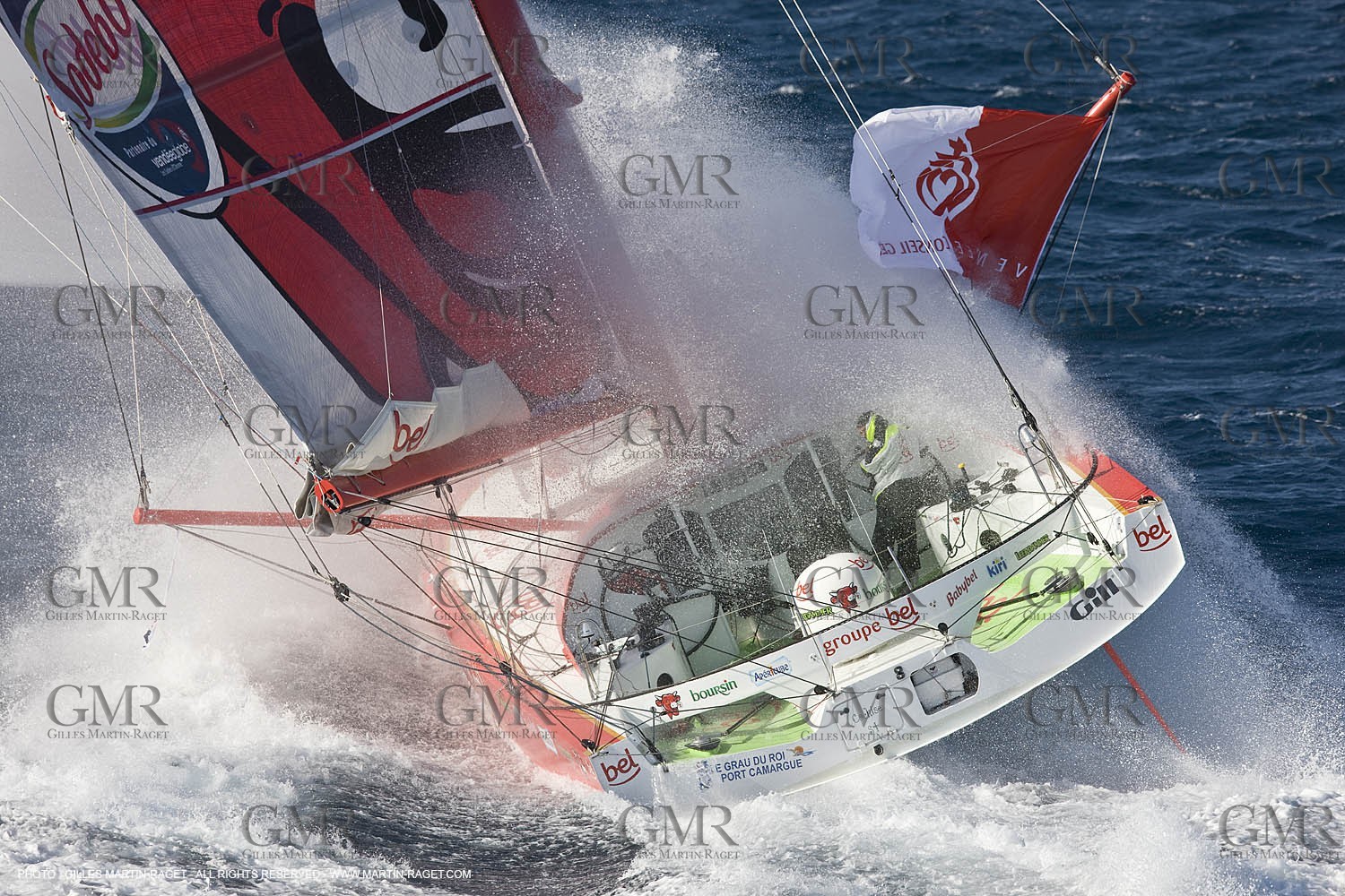 14 07 2008 - Port Camargue (FRA,30) Monocoques IMOCA - Vendée Globe 2008 - Kito de Pavant (Groupe Bel) training in strong breeze.