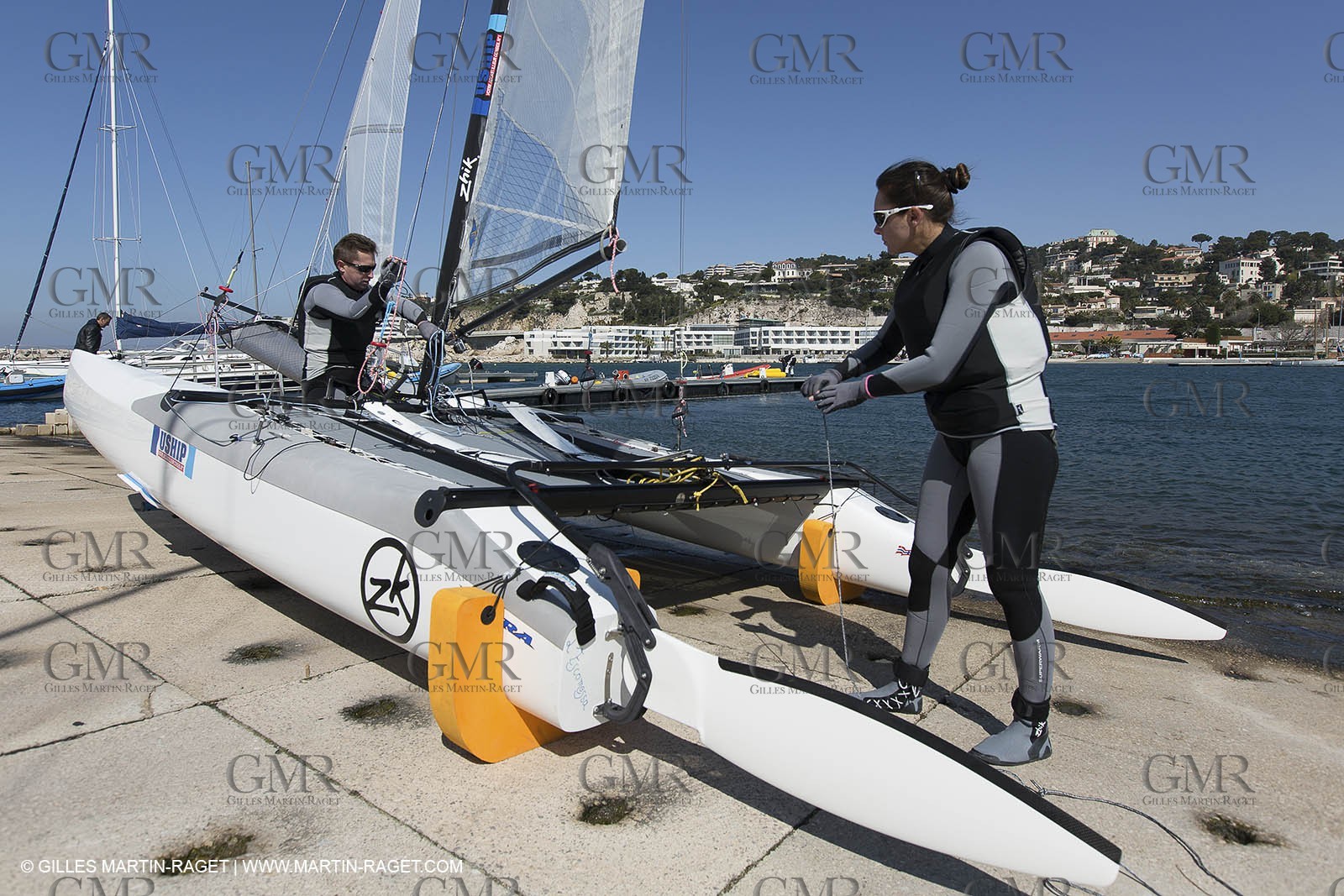 26 03 2013 - Marseille (FRA,13) - Ingrid Petitjean et Olivier backes training on their Nacra 17 in breezy conditions