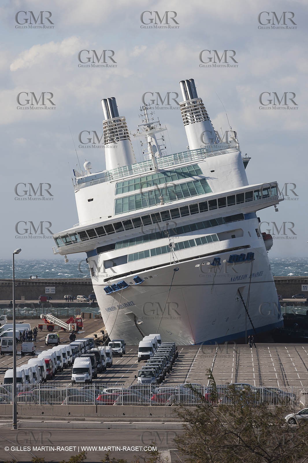 28 10 2012- Marseille (FRA,13) - Mistral force 11 gale - Ferry Napoleon Bonaparte has been damaged after its docking lines broke. The ship hit a quay and 2 watertight compartments have been submersed.