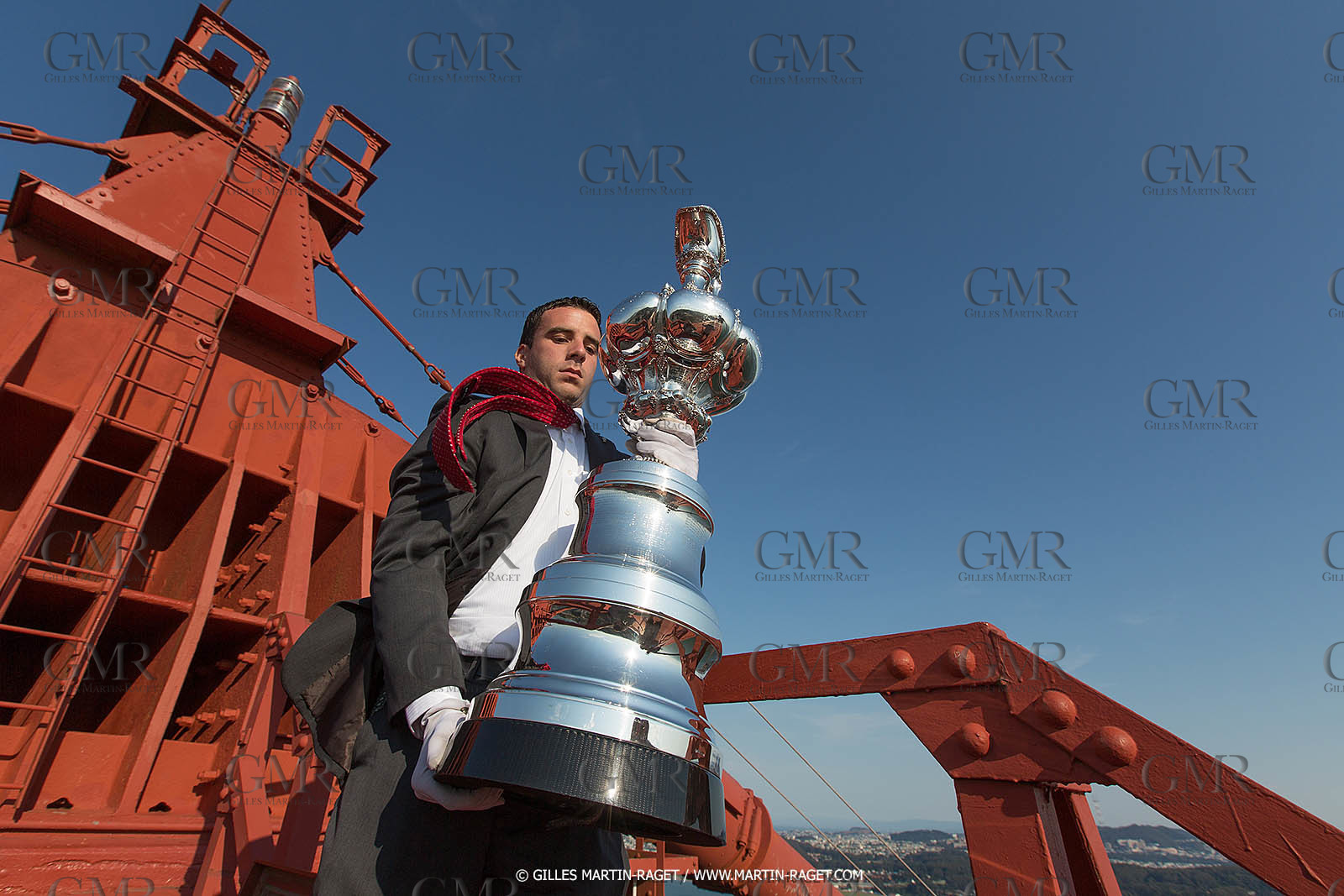 03 07 2013 - San Francisco (USA, CA) - 34th America's Cup - The America's Cup Trophy at the top of Golden Gate Bridge