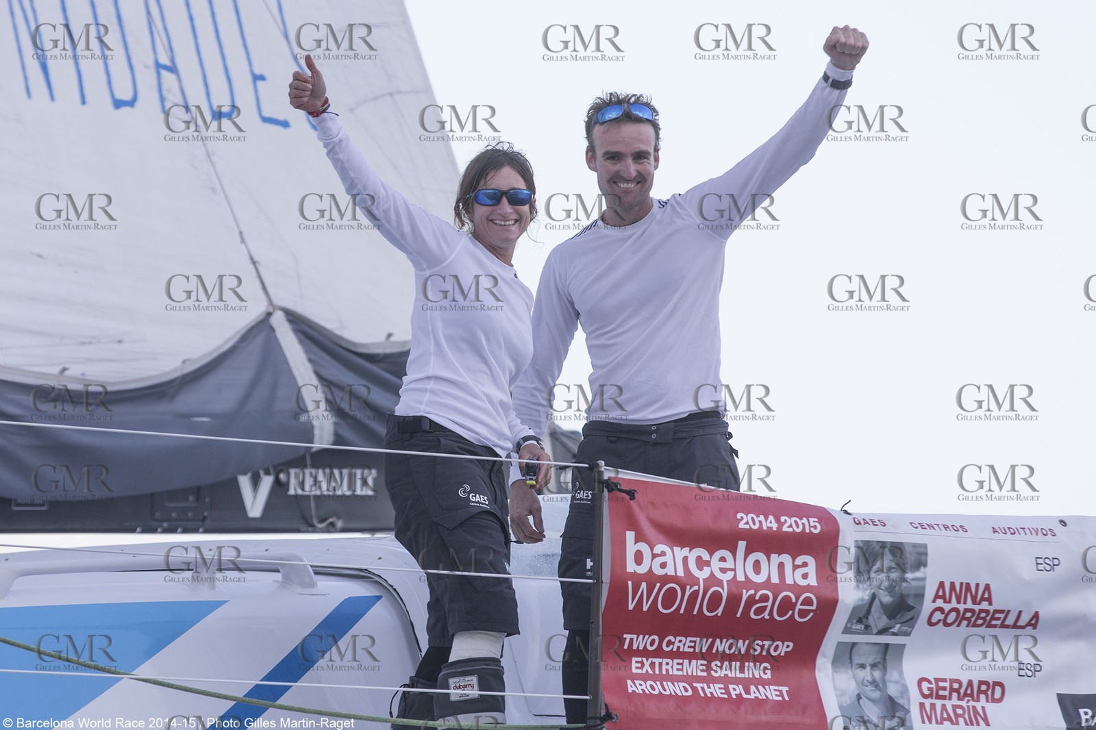 01 04 2015, Barcelona (ESP), Barcelona World Race 2014-15, Gerard Marin and Anna Corbella (GAES Centros Auditivos) arrival in 3rd position.