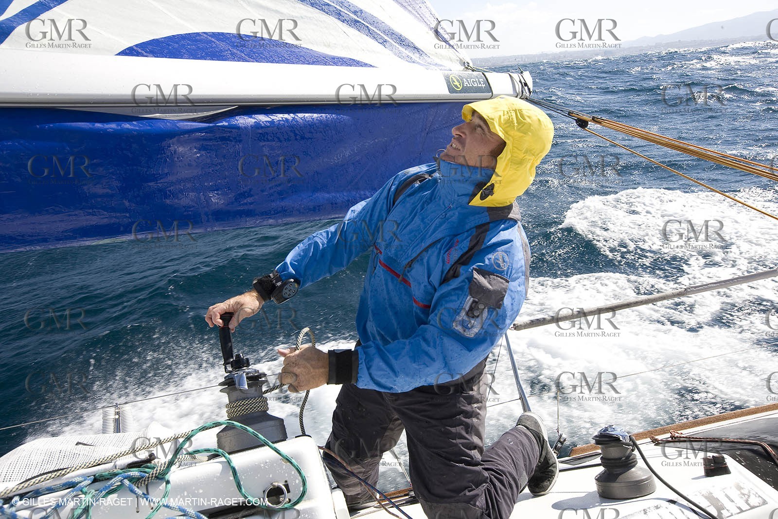 28 09 2007 - Marseille (FRA, 13) - Aigle Marine weather clothing showed in action by salors Marc Emig et Luce Molinier
