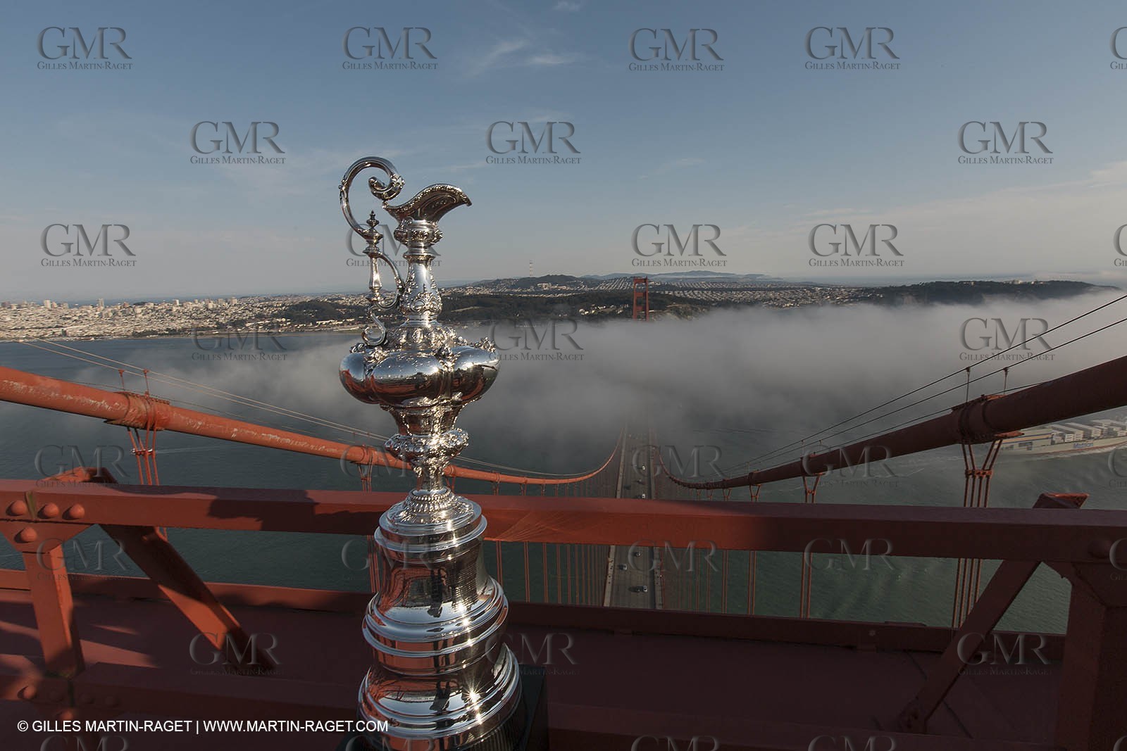 03 07 2013 - San Francisco (USA, CA) - 34th America's Cup - The America's Cup Trophy at the top of Golden Gate Bridge