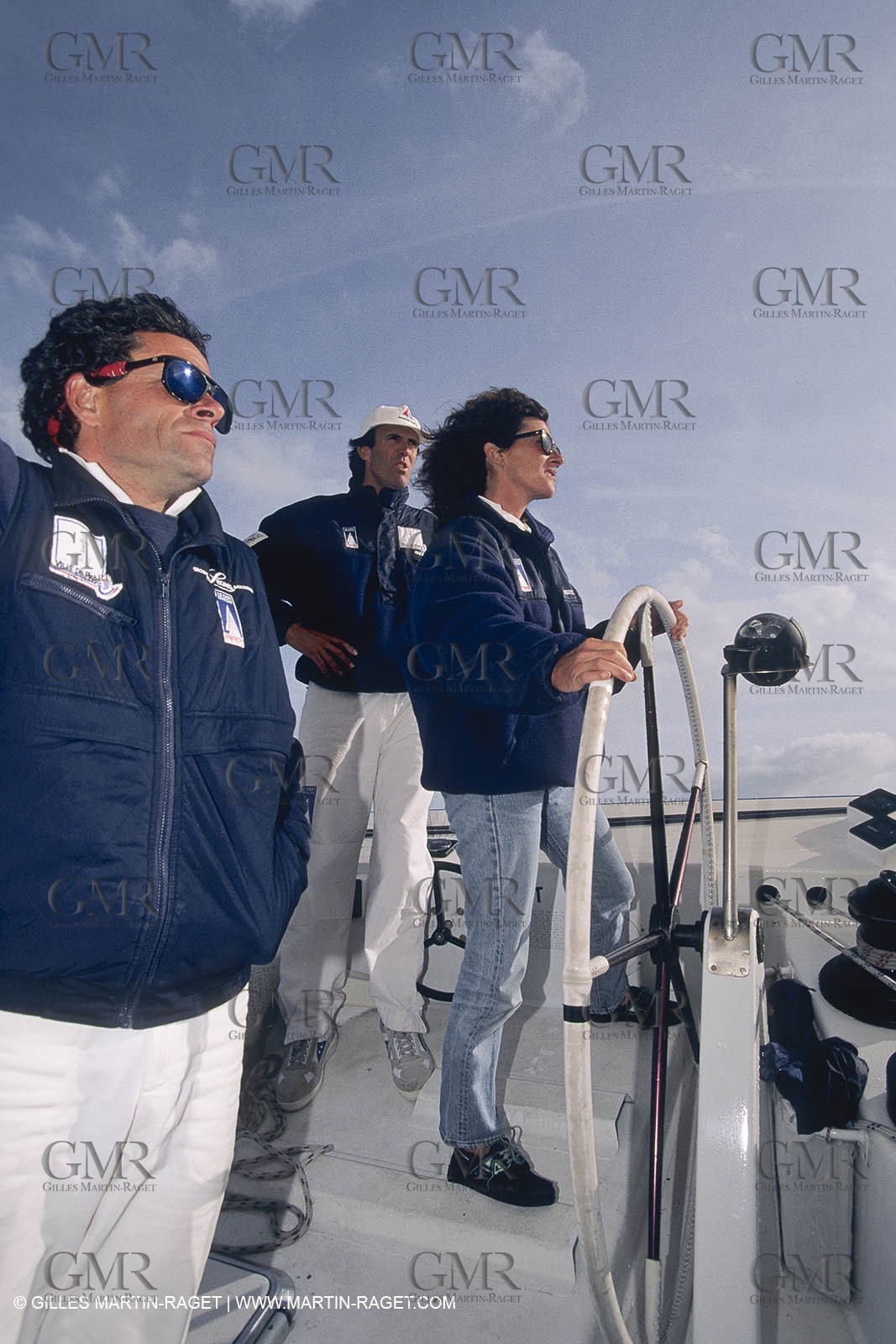 1991, America's cup, Florence Arthaud à bord de Ville de Paris (skipper Marc Pajot)