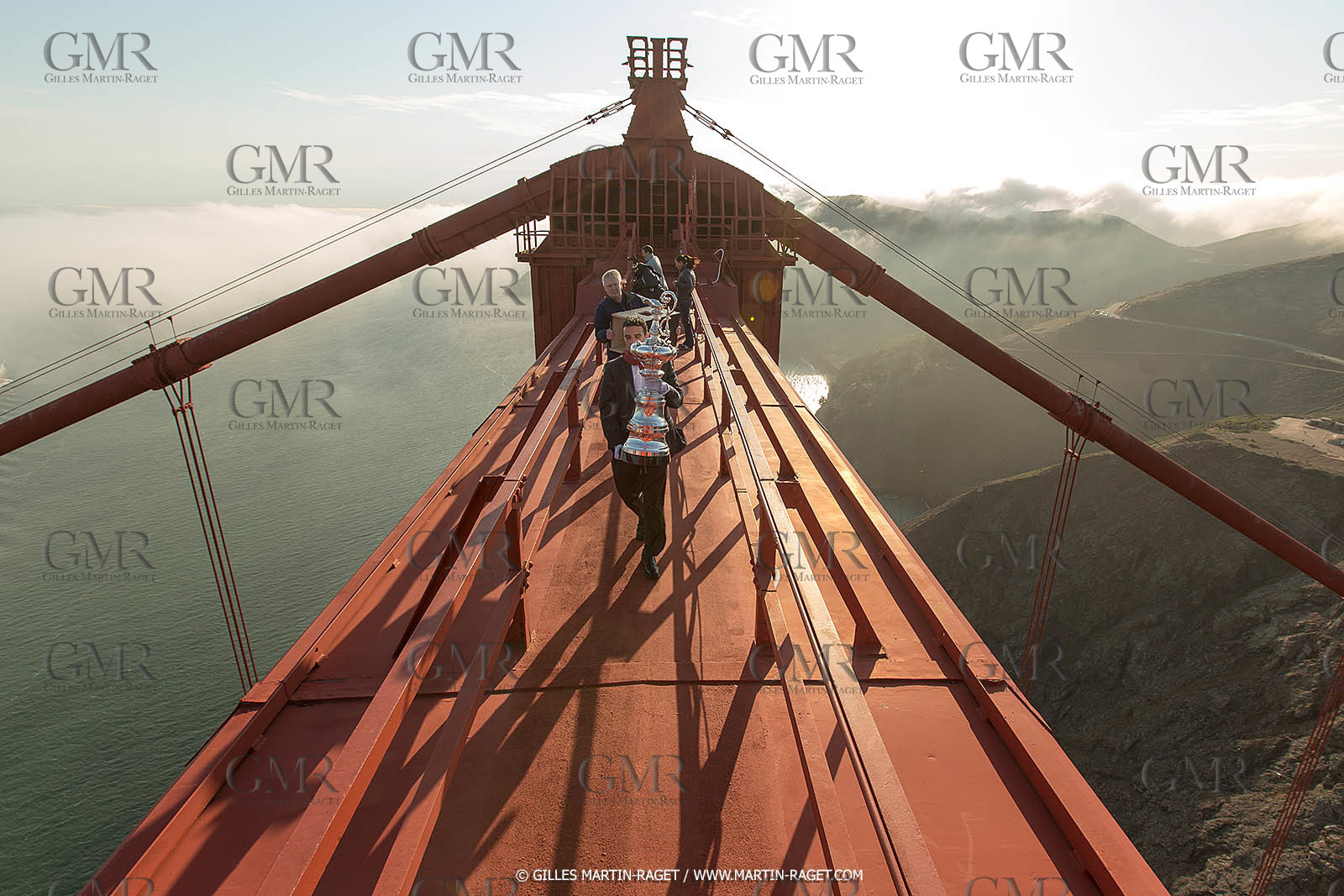 03 07 2013 - San Francisco (USA, CA) - 34th America's Cup - The America's Cup Trophy at the top of Golden Gate Bridge