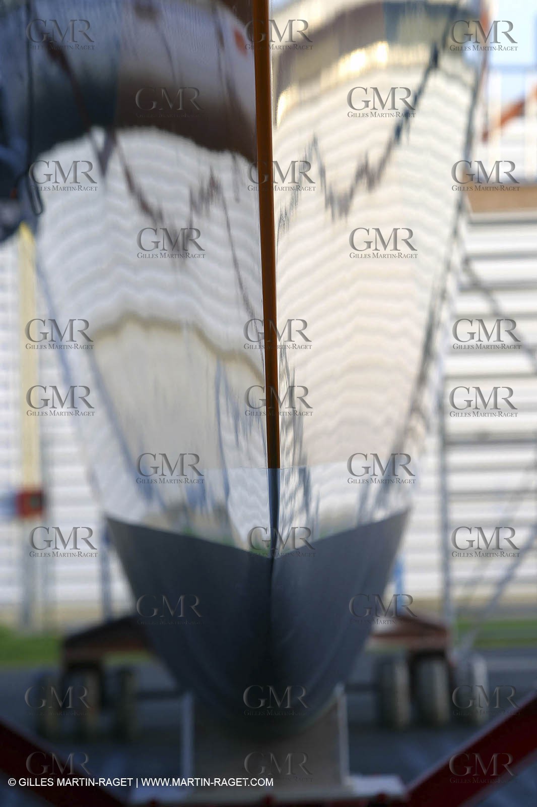 Vannes - Multiplast Boatyard - Orange II going out of the shed