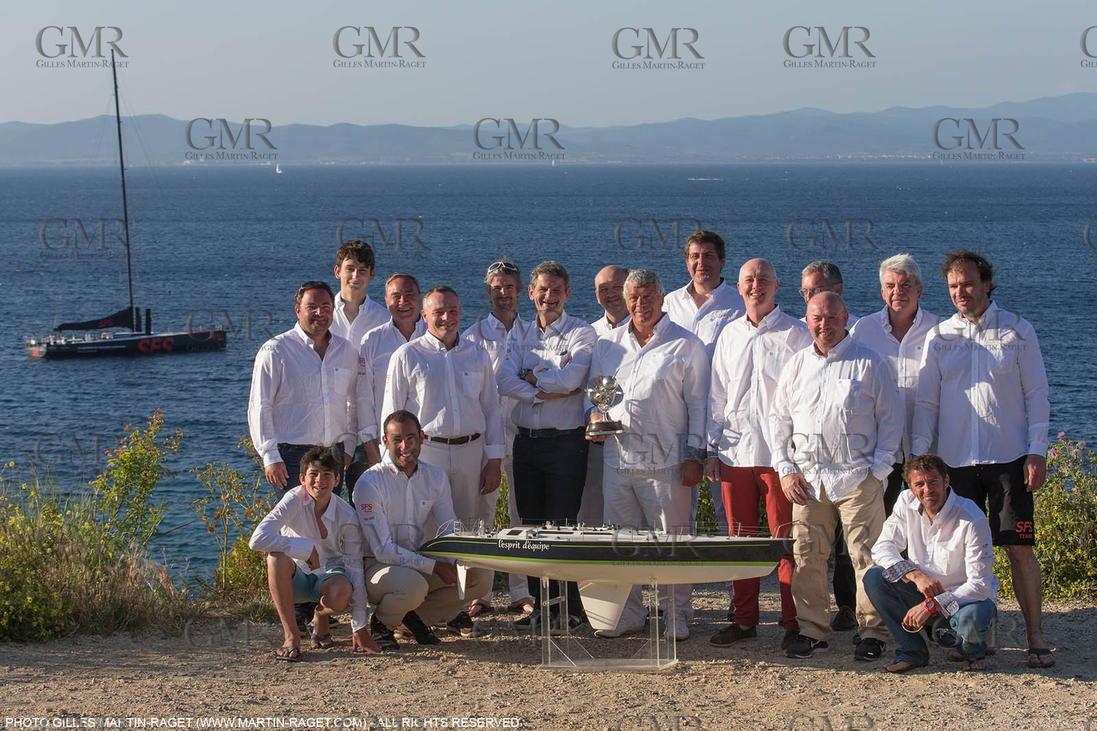 05 05 2016, Porquerolles (FRA,83), Semaine de Porquerolles, célébration des 30 and de lla victoire de l'Esprit d'Equipe dans la Whitbread, l'équipage se retrouve à bord du maxi SFS skippé par Lionel Péan
